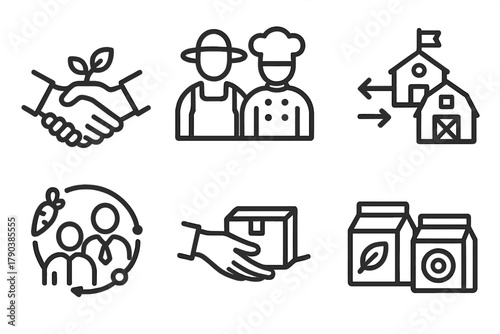 Partnership Icons. Line style icons of partnerships and networks: grower handshake, chef and farmer, school and farm connection,