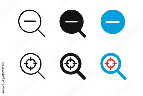 Zoom and Focus Icons. Linear minimalistic zoom out icon: magnifier outline with minus inside, uniform line thickness, no fill,