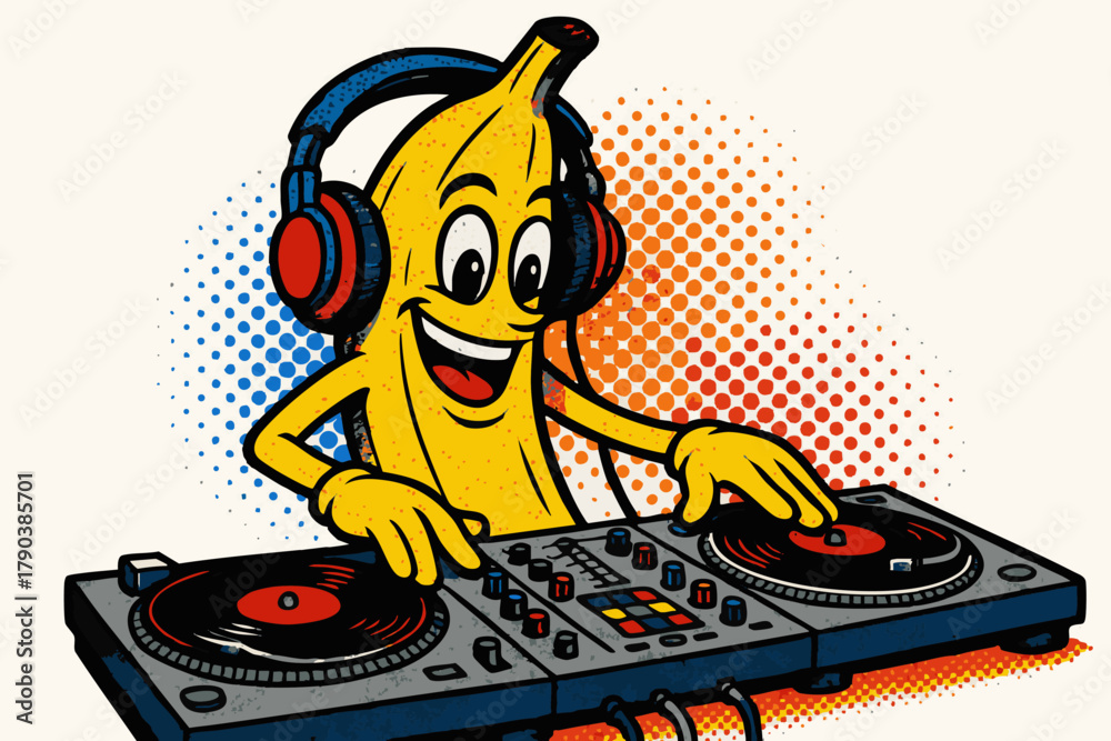 Fototapeta premium banana character wearing headphones and DJing on turntables. Generative ai vector colorful pop art illustration.