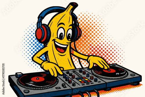 banana character wearing headphones and DJing on turntables. Generative ai vector colorful pop art illustration.