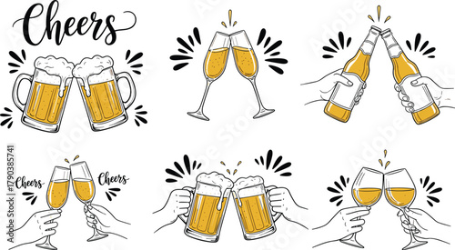 Beer mugs, wine glasses, and bottles clinking together in cheers, vector illustration of celebration, party, and festive drinking concept