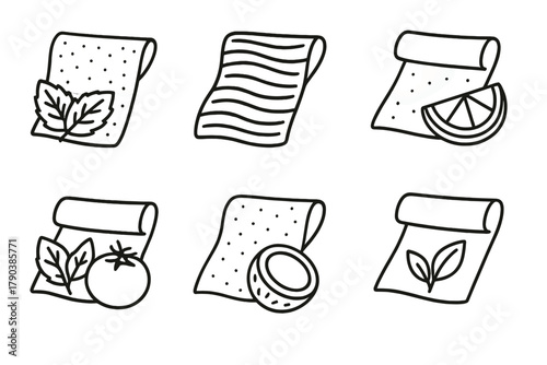 Flavored Wrap Icons. Line style icons of flavored edible wraps: mint sheet, cinnamon layer, lemon wrap, tomato basil wrap, coconut