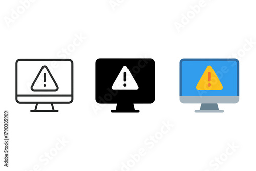 Exploit Detection Icons. Minimalist exploit detection icon: three identical computer screen with warning icons in a row, first in