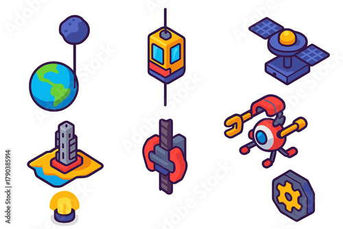 Space Elevator Elements. Isometric vector illustration set Space exploration – space elevator, tether cable, counterweight;