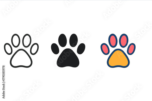 Paw Print Evolution. Minimalist alley track icon: three identical animal paw prints in alley icons in a row, first in line style