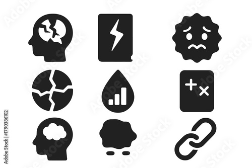 Semantic Breakdown Icons. Solid style icons of semantic breakdown labs: shattered meaning icon, word with crack glyph, confused