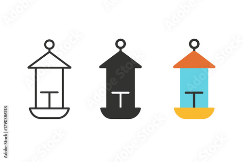 Minimalist Bird Feeder Icon. Minimalist bird feeder icon: three identical hanging bird feeders in a row, first in line style with