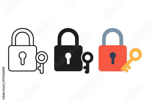 Padlock Styles Display. Minimalist lock with key icon: three identical padlocks with a key placed next to each in a row, first in