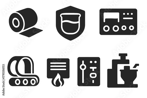 Industrial Mood-Dye Icons. Solid style icons of industrial mood-dye systems: textile roll icon, dye vat badge, processing panel.