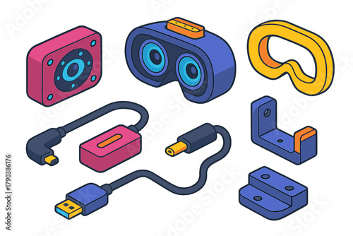 VR Gaming Setup Icons. Isometric vector illustration set VR gaming setup – eye-tracking module, pupil sensor, IR LEDs; lenses