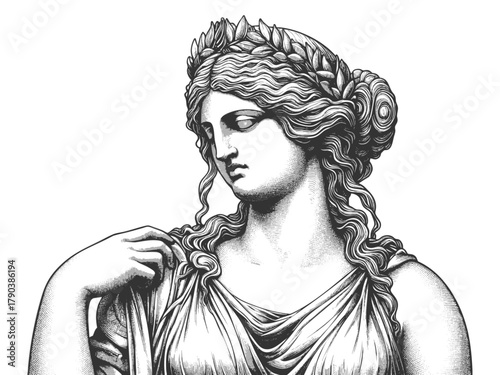 female figure resembling a Greek or Roman goddess sketch engraving generative ai fictional character vector illustration. Scratch board imitation. Black and white image.