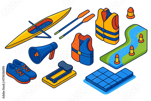Isometric Rowing Icons. Isometric vector illustration set Outdoor sports – rowing boat, oars, life jacket; coxswain megaphone,