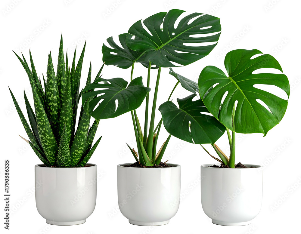 Fototapeta premium Three houseplants in white pots