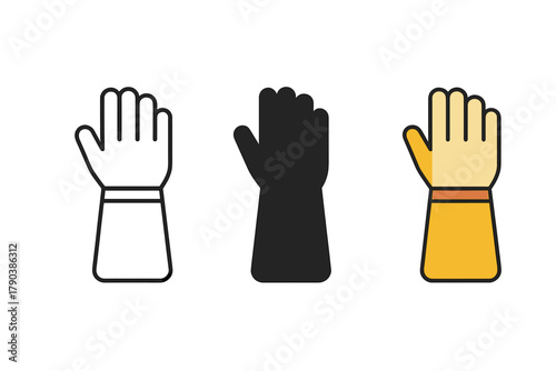 Minimalist Beekeeper Gloves. Minimalist beekeeper gloves icon: three identical protective gloves in a row, first in line style
