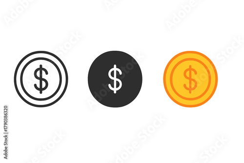 Minimalist Coin Icons. Minimalist collectible coin icon: three identical coin icons in a row, first in line style with thin