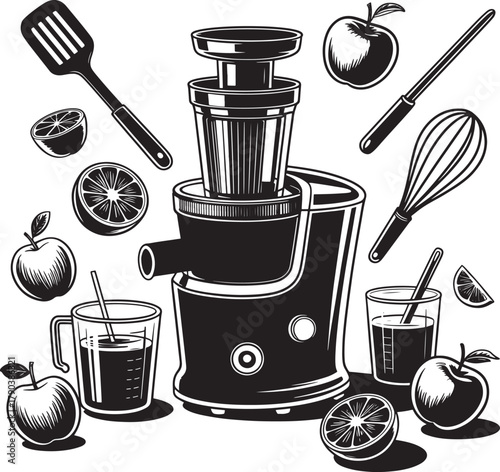 Black and white juicer illustration with apples oranges and kitchen utensils