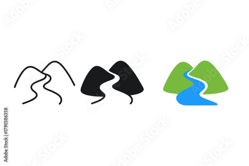 River Stream Icons. Minimalist river stream icon: three identical rainforest streams in a row, first in line style with thin
