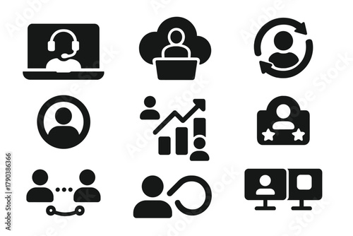 Hybrid Learning Icons. Solid style icons of hybrid silent learning setups: laptop + headset glyph, cloud class icon, sync badge.