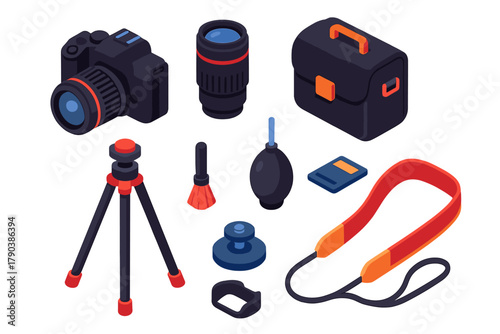Travel Photography Essentials. Isometric vector illustration set Travel gear – DSLR camera, extra lens, camera bag; tripod, lens
