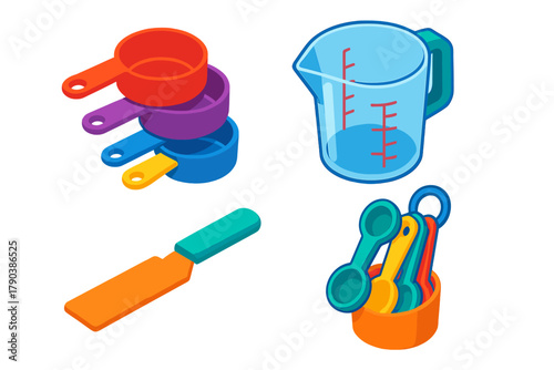 Vibrant Baking Tools Icons. Isometric vector illustration set Baking tools – measuring cup set, graduated cups, liquid measure;