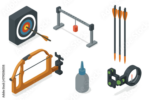 Archery Gear Essentials. Isometric vector illustration set Archery gear: foam target block, arrow spine tester, practice arrows