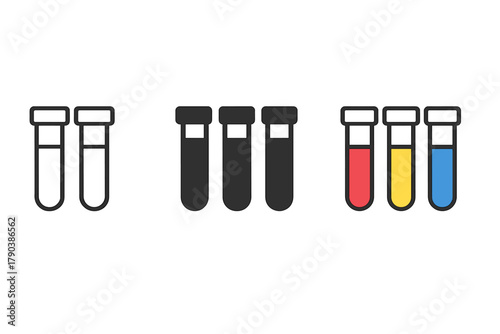 Pigment Test Tubes. Minimalist pigment analysis icon: three identical test tube with color samples icons in a row, first in line