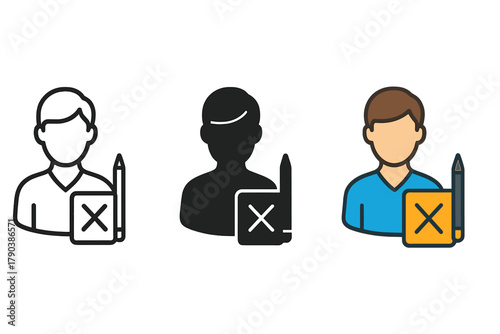 Minimalist Designer Icons. Minimalist designer icon: three identical designer with sketchpad icons in a row, first in line style