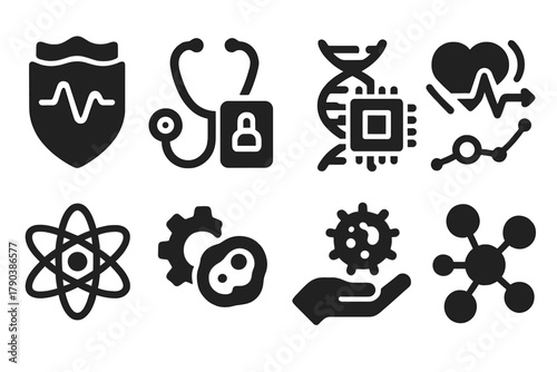 Quantum Biology Icons. Solid style icons of future applications of quantum biology: life-extending wave badge, quantum-powered