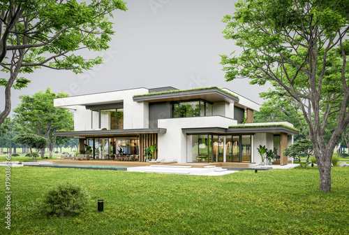 3d rendering of two-story house with parking and pool for sale or rent with concrete facade and beautiful landscaping. Cloudy white sky overcast, soft shadows