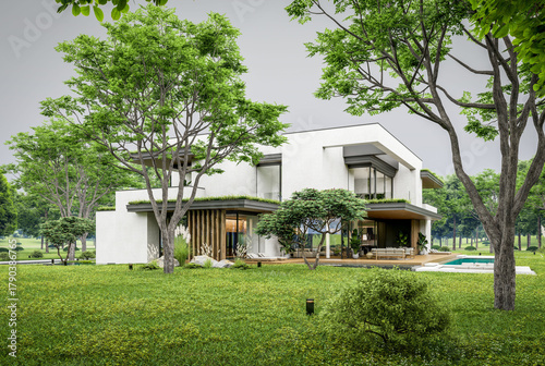 3d rendering of two-story house with parking and pool for sale or rent with concrete facade and beautiful landscaping. Cloudy white sky overcast, soft shadows