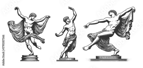 ancient Greek statues of male figures in motion Set collection bundle sketch engraving generative ai vector illustration. Scratch board imitation. Black and white image.