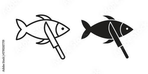 Fish and a knife icon vector with glyph style. Stroke liner icons