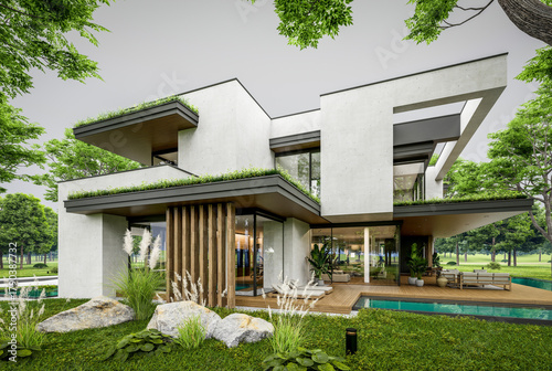 3d rendering of two-story house with parking and pool for sale or rent with concrete facade and beautiful landscaping. Cloudy white sky overcast, soft shadows