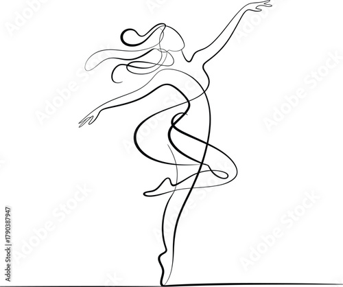 Elegant ballerina in dynamic pose drawn with single continuous line