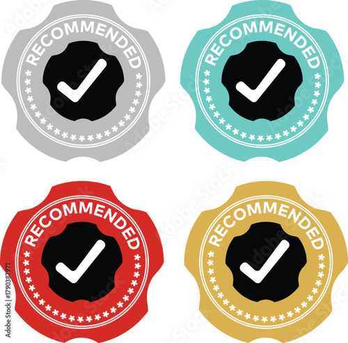 Set of Recommended Approval Badges with Checkmarks in Gold, Silver, Red, and Turquoise Colors – Vector Icons for Endorsement and Rating