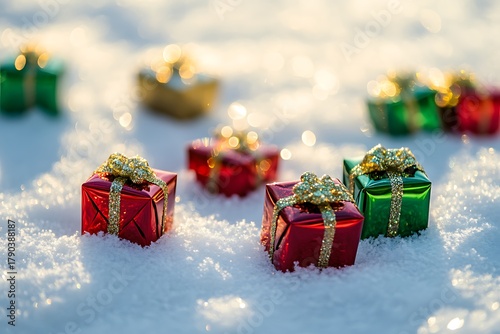 Small holiday presents in glossy red and green packaging.