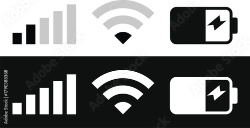 wifi, Signal strength and battery icon. Mobile Device Status Icons. Battery Capacity and Signal Icons

