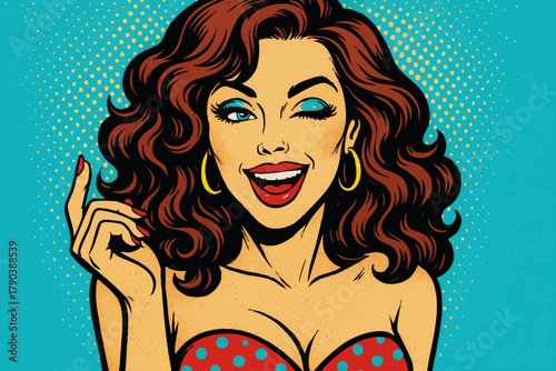 playful woman with red hair winking, smiling, and pointing, wearing a red polka-dot dress. Generative ai vector colorful pop art illustration.