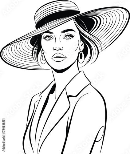 Fashionable Woman in Wide- Brimmed Hat and Blazer wide brim
