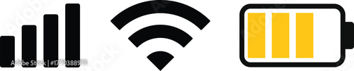 wifi, Signal strength and battery icon. Mobile Device Status Icons. Battery Capacity and Signal Icons
