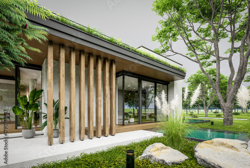 3d rendering of two-story house with parking and pool for sale or rent with concrete facade and beautiful landscaping. Cloudy white sky overcast, soft shadows