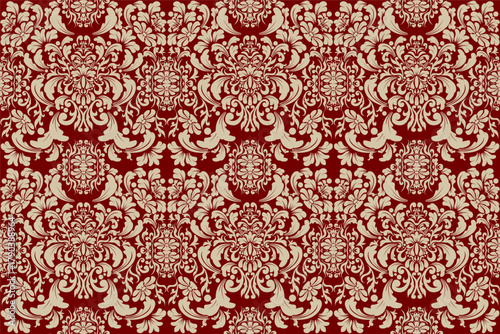 Damask seamless pattern classic floral element antique baroque fabric royal luxury textile carpet design print maroon background