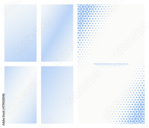 Assorted vector bow triangles hexagonal grid white blue halftone pattern set in vertical 9:16 aspect ratio including faded tilted frame and various leaning textures. Half tone design element pack