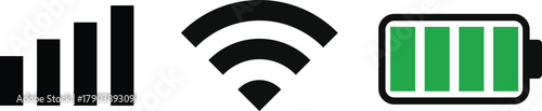 wifi, Signal strength and battery icon. Wireless network status symbols. Network connection status symbols
