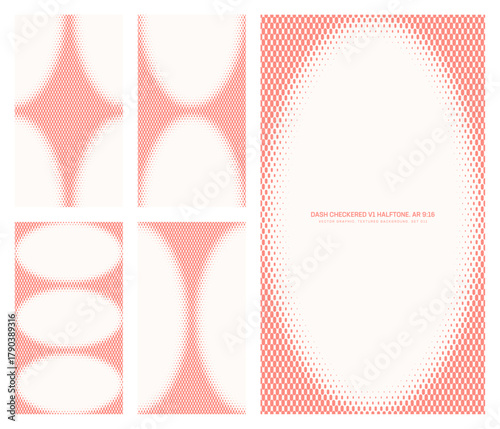 Assorted vector retro styled checkered dash grid white red halftone pattern set in vertical 9:16 aspect ratio including oval frame and various rounded borders. Varied half tone design elements bundle