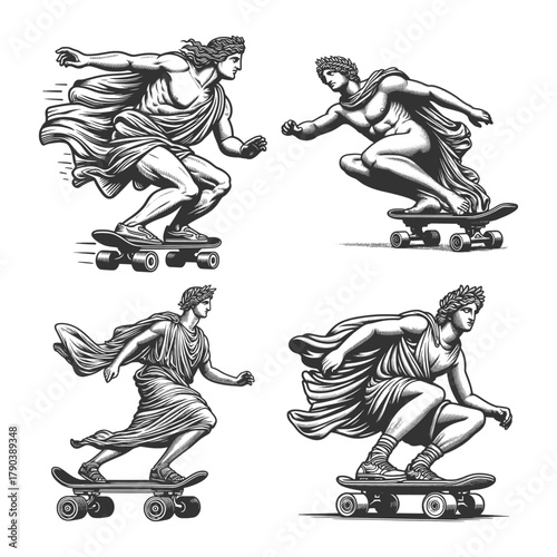 Greek and Roman statues skateboarding, athletic poses with flowing robes Set collection bundle sketch engraving generative ai vector illustration. Scratch board imitation. Black and white image.