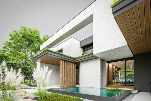 3d rendering of two-story house with parking and pool for sale or rent with concrete facade and beautiful landscaping. Cloudy white sky overcast, soft shadows