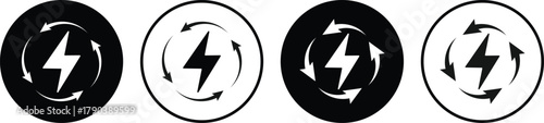 Lightning bolt with circular arrow icon. Electric power loop graphic designs. Power Reload Symbols. System refresh and energy loop signs
