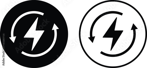 Lightning bolt with circular arrow icon. Electric power loop graphic designs. Power Reload Symbols. System refresh and energy loop signs
