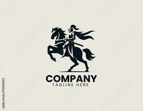 Knight on horse black vector logo illustration